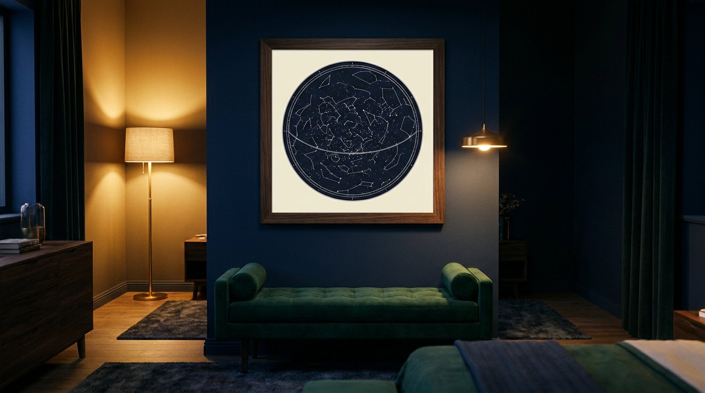 A Painted Heavens chart on the wall — The bedroom