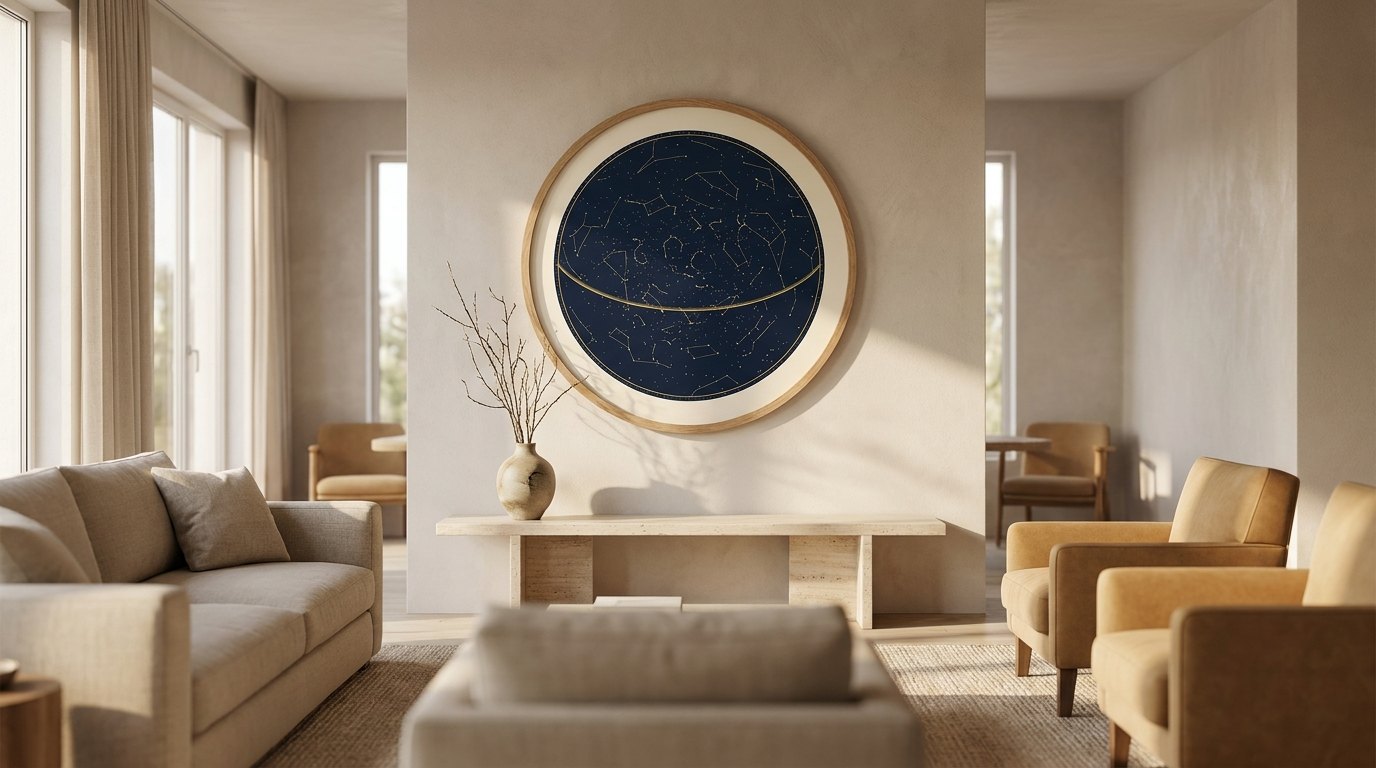 A Painted Heavens chart on the wall — The drawing room