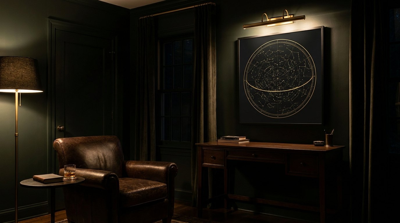 A Painted Heavens chart on the wall — The study