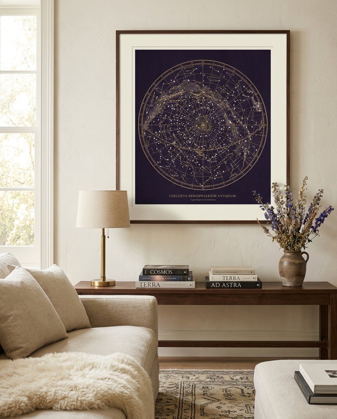 A framed Painted Heavens chart on a living-room wall